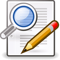 An illustration showing a document, magnifying glass, and pencil to symbolize editing