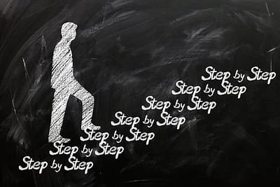 Business process steps using 'step by step' words to create a staircase