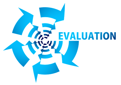 The word 'evaluation' on top of a blue arrow graphic going in circles