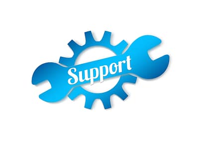 A graphic showing the word "support" with a gear and wrench