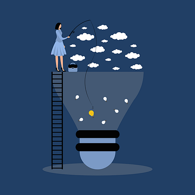Woman standing on a ladder next to a light bulb