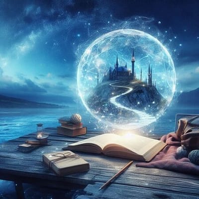 A fantasy picture showing an open book and a bubble with a castle