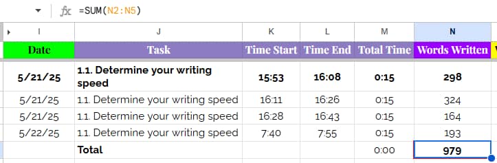 A screenshot from Colleen Atwood's Google spreadsheet calculating a Timed Session