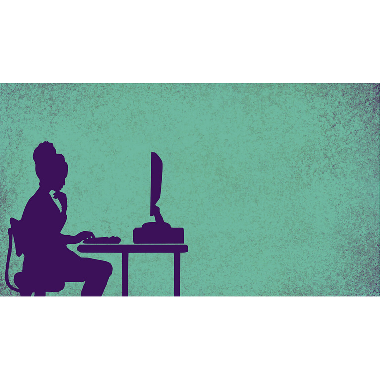 An illustration of a woman using a laptop