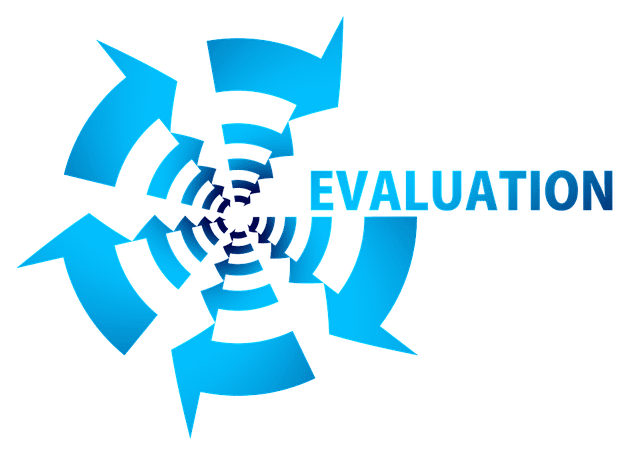 The word 'evaluation' on top of a blue arrow graphic going in circles